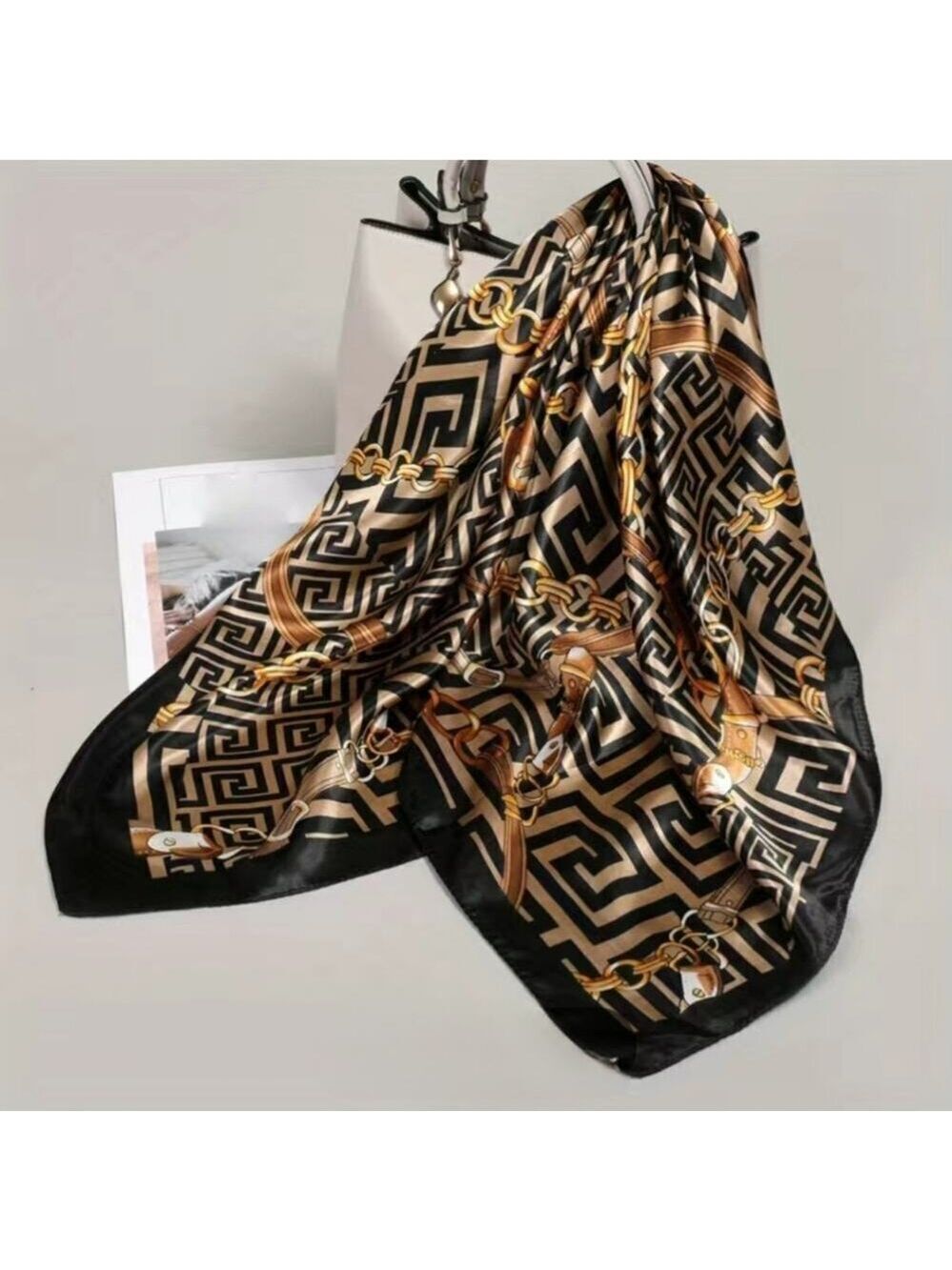Scarf Silk Feel Black and Gold Satin Print 35 x 35 inches